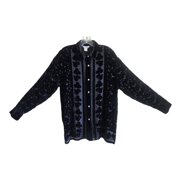 XXist Women's L Blouse Silk Blend Velvet Burnout Button Up Black Whimsy Goth 44" - Picture 2 of 8